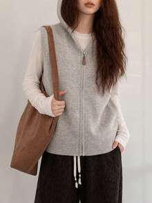 Women's Autumn/Winter Minimalist Casual Elegant Solid Color Hooded Knit Cardigan Sweater Vest Top Fall - Apricot - View 3