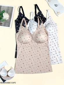 3pcs Seamless Ditsy Floral Camisole Tank Tops For Women Plus Size, Elastic Comfortable With Padded Cups, Innerwear And Outerwear - Multicolor - View 4