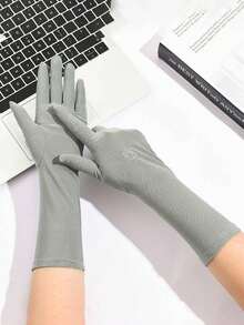 1pair Embroidered Sun Protection Gloves For Women, Thin & Medium Length, Suitable For Daily Work, Sports, And Cycling - Grey - View 3
