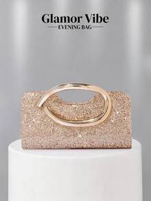 1pc Women's Fashion Vintage Metal Handle Clutch Evening Bag, Luxury Elegant Sparkling Rhinestone Sequin Metal Detail Box Bag With Detachable Metal Chain Crossbody Strap, Suitable For Wedding, Party, Ball, Nightclub, Formal Occasions, Dress Outfit, Gold Wallet - Champagne - View 9