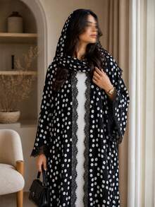 Hafizah Women's New Polka Dot Chiffon Cardigan Abaya With Headscarf, Lace Patchwork Fashion Long Robe - Black - View 6