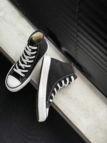 OPOEE Vintage High‑Top Canvas Shoes For Women, Classic Lace‑Up Design, Comfortable Lightweight Sneakers For Daily Street Style,Vacation,Soft Insole, - Black - View 3