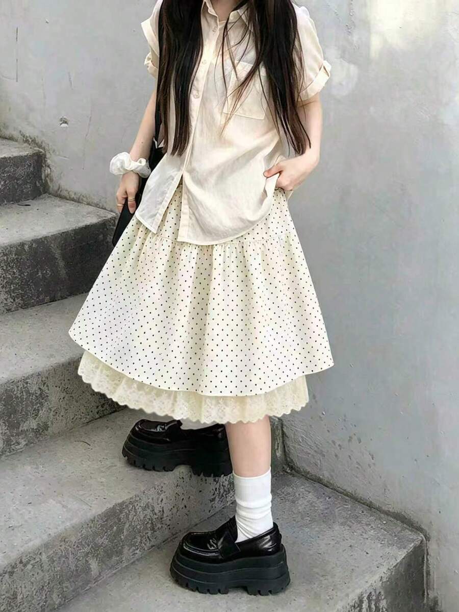 韓式復古波點蕾絲飾邊拼接迷你裙(隨機波點) - 杏色 - 查看 1