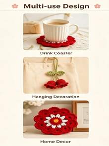 Handmade Flower Crochet Coaster Set With Hanging Ornament, Cute Red Floral Knitted Drink Coaster, Heat Resistant Table Mat For Coffee Mug, Aesthetic Home Desktop Decor - Multicolor - View 5