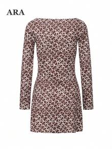 ARA CHIC Women's Printed Long Sleeve Mini Dress, Round Neck Fitted Ruffle Hem Skirt, Vintage Circular Pattern Bodycon Dress, Casual Outing Party Outfit - Coffee Brown - View 12