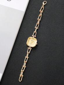 女款禮品手錶，時尚休閒方形極簡羅馬錶盤配水鑽刻度，優雅石英手鍊腕錶 (1件/套)，不含錶盒 - 金色 - 查看 10