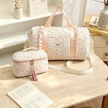 1pc Pink Floral Ruffle Children's Travel Bag Set, Mix & Match Handbag, Crossbody Bag, Cylinder Luggage Bag, Tassel Makeup Storage Bag, Simple Handbag Combination, Suitable For Girls' Short Trips, Outdoor Camping, Study Tours - Multicolor - View 1