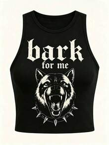 Women's Bark For Me Wolf Pattern Short Tank Top,Y2K Street Style Gothic Fashion Aesthetic Sleeveless Shirt,Streetwear Letter Print Crop Top Black Top - 黑色6 - 查看 1