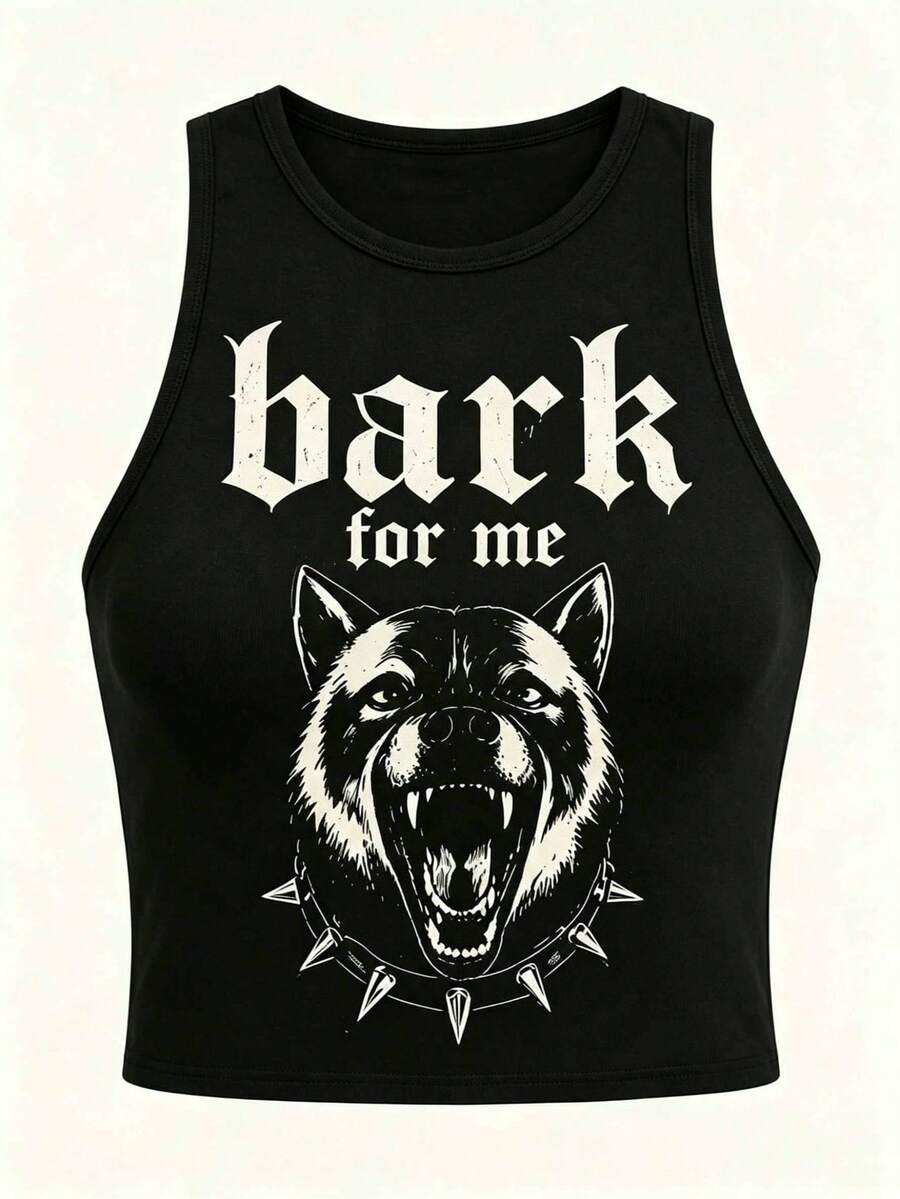 Women's Bark For Me Wolf Pattern Short Tank Top,Y2K Street Style Gothic Fashion Aesthetic Sleeveless Shirt,Streetwear Letter Print Crop Top Black Top - 黑色6 - 查看 1