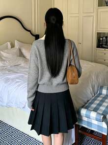 Women's Colorblock Elegant Niche Design Knit Sweater With Turn-Down Collar, Soft Style Base Layer Top, Autumn/Winter - Grey - View 7