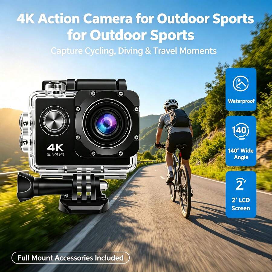 كاميرا أكشن 1080P HD مع شاشة LCD بحجم 2 بوصة، زاوية واسعة 140°، تثبيت رقمي، بطارية قابلة للشحن، متوافقة مع حوامل الدراجة والخوذة لركوب الدراجات والتدوين المرئي والتسجيل الخارجي (تنسيق MP4)، بطارية 1050mAh، تحمل طويل الأمد