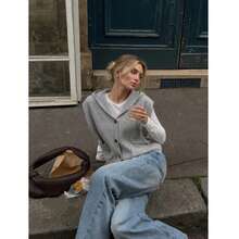 Women's Autumn Hooded Knit Cardigan Vest, Casual Slouchy Jacket, Minimalist Versatile Top - Grey - View 1