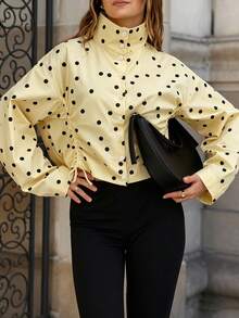 Autumn/Winter Polka Dot Stand Collar Drawstring Loose Jacket, Urban Casual Style, Versatile Yellow Top For Dating And Travel - Multicolor - View 4
