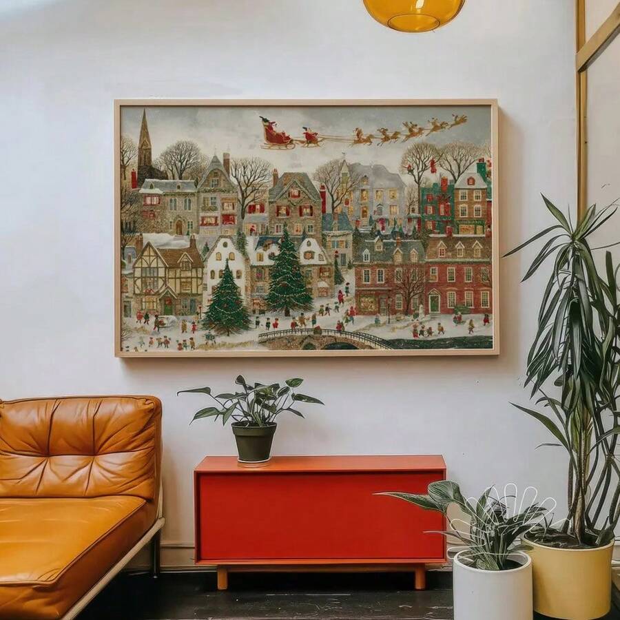1pc Framed/Unframed Fantasy Christmas Town Santa Sleigh Flying Canvas Poster, Snowy Village Cozy Holiday Mural Print, Winter Christmas Wonderland Landscape Painting, Nordic Style Apartment Living Room Bedroom Modern Home Decor - A - View 1