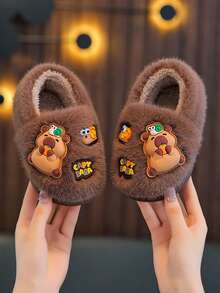 1 Pair Kids Fuzzy Slippers PVC Sole Warm Winter Boys Girls Capybara Design Cute Closed-Back Baby Plush House Shoes - Coffee Brown - View 5