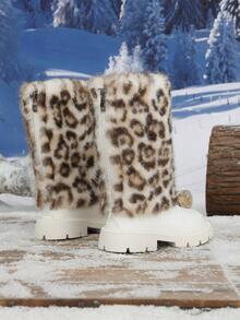 1 Pair Autumn/Winter New Random Leopard Print Decor Casual Fashion Round Toe Mid-Calf Back Zipper Design Girls' Boots - White - View 4