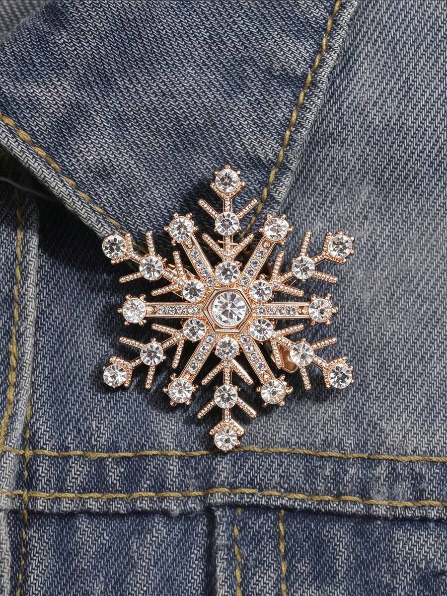 1pc Gold Full Rhinestone Snowflake Crystal Brooch For Women, Luxury High-End Suit Jacket Coat Decorative Pin, Autumn/Winter Commute Party Outfit Lapel Pin, Christmas New Year Gift Jewelry, Vintage Rhinestone Snowflake Design Clothing Brooch, Can Be Used To Decorate Scarves, Hats, Shawls, Sweaters And Cardigans - Multicolor - View 1