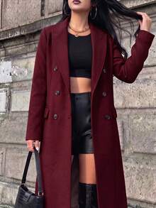 Women's Overcoat Solid Color Long Sleeve Double-Breasted Jacket - Red - View 5
