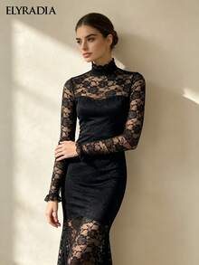 ELYRADIA Elegant Long Black Lace Dress For Fall Fashionable Stand Collar Long Sleeve Bodycon Gown For Work, Formal & Luxury Evening Parties - Black - View 2
