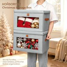 1pc Foldable Christmas Storage Box With Transparent Front Window, Stackable Fabric Holiday Decor Organizer Bin With Sturdy Leather Handles And Dust Cover, Suitable For Christmas Stockings, Ornaments, Ribbons And Holiday Supplies - Multicolor - View 8