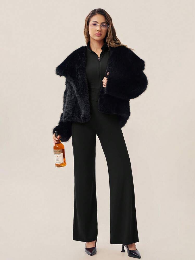 TimeOff Women's One Set Autumn/Winter Solid Color Stand Collar Jacket And High Waist Straight Leg Wide Leg Pants - Black - View 6