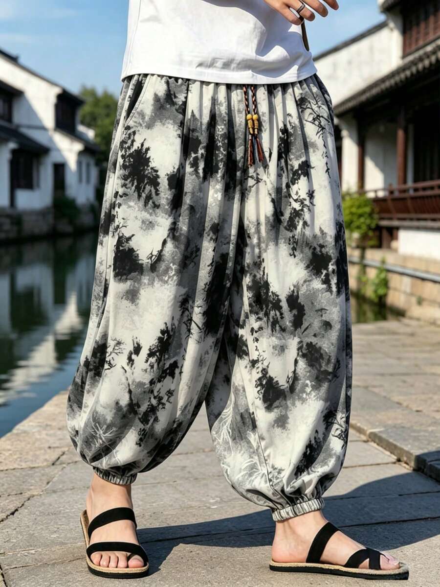 男士休閒夏秋抽繩慢跑褲，寬鬆街頭風哈倫褲，適合登山、居家與休閒，彈性腰頭附口袋
