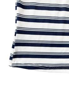 女款休閒時尚撞色 Polo 領半扣條紋修身短版長袖 T-shirt，春/秋新款 - 藍白色 - 查看 7