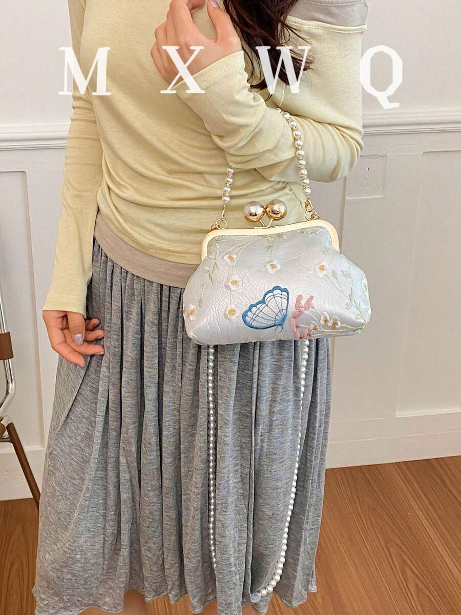 新款復古布料珍珠鏈條扣女款手提包 優雅百搭斜挎包