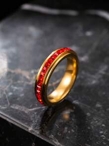 1pc Stainless Steel Gold Ring, Pave Set Colorful Square Rhinestone Thin Band, Versatile Accessory For Daily Wear, Date And Party - Multicolor - View 27
