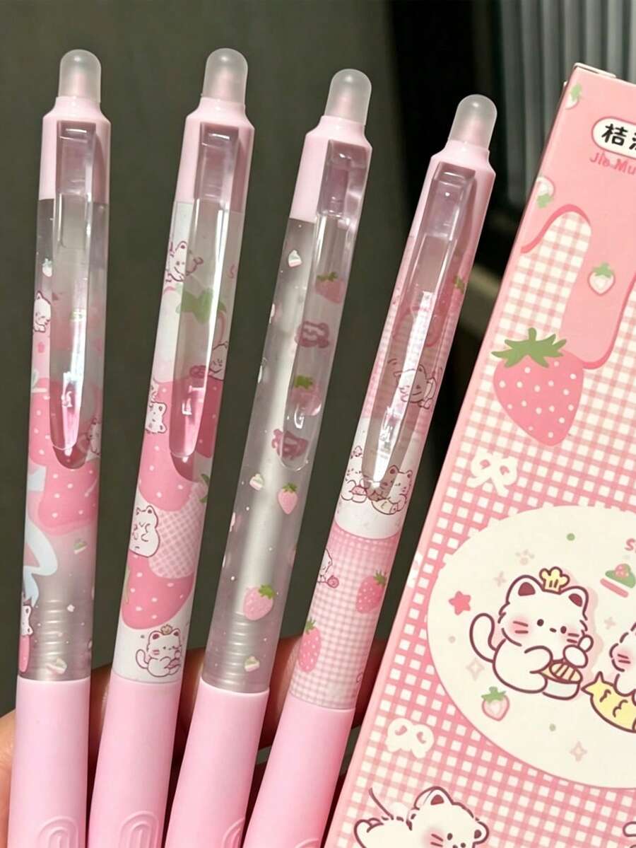 4pcs Strawberry Cat Retractable Erasable Blue Ink Pens, INS Style Student Erasable Blue Neutral Pens - Blue - View 1