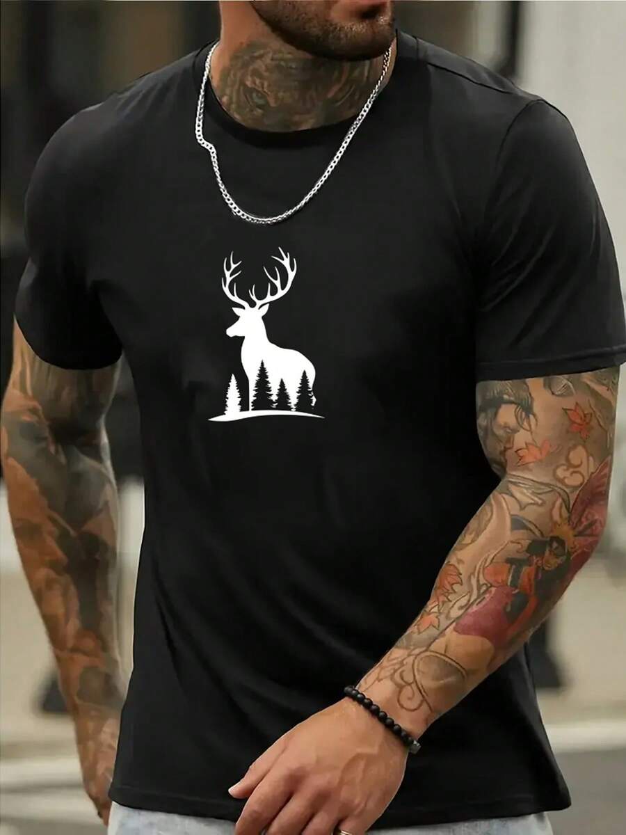 Herren T-Shirt mit weißem Hirsch-Muster - atmungsaktive Mischung mit mikro-elastischem Strickstoff, lässiges Sommer T-Shirt mit Rundhalsausschnitt