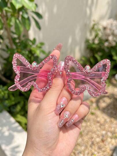 1 Pair Women's Butterfly Style Plus Size Rimless Fashion Glasses With Rhinestone Studs Decoration, Multicolor Design Luxury Jelly Color Handmade Decorated Glasses For Party And Music Festival