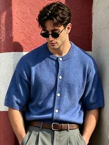 Lookun Men's Knitted Cardigan Round Neck Short Sleeve Vintage Casual Open Front Knit Jacket Spring Summer - Blue - View 2