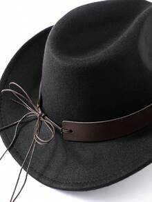 1pc Pure Black Faux Wool Western Cowboy Hat With Dark Brown Leather Hat Band, Decorated With Silver Bull Head Badge And Vintage Metal Round Buckle, Black And Brown Contrast Cool Style, Shapeable Wide Brim, Outdoor Travel Photography Western Style Versatile Sun Protection Hat, Unisex - Top Hat - View 3