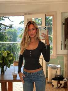 Women's Fashion Elegant Sexy Style Black Ribbed Lace Trim Square Neck Henley Button Slim Fit Short Sleeve T-Shirt, Flattering Waist-Cinching Casual - Black - View 2