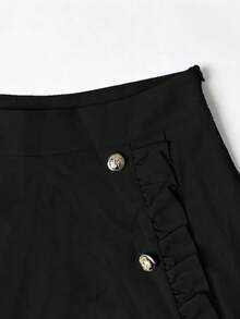 Conjunto de 2 piezas para mujer de verano/otoño, top con mangas abullonadas y detalle de botones con falda midi de bajo con abertura, elegante atuendo para ir a la oficina y citas en color negro - Negro - Ver 5