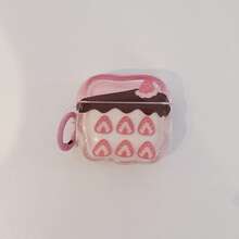 Pink Soft Series Cute Strawberry Chocolate Cake Pattern Full Coverage Wavy Edge Earphone Case Protective Cover + Pink Ring, Compatible With For Apple For Airpods 4/For Airpods Pro New/Pro 2/Pro 3, Suitable For Women - Pink - View 2