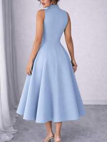 Elegant Sleeveless High Neck Midi Dress For Women, Side Button Detail, Chic Casual And Party Tailored Dress - azul bebe - 查看 4