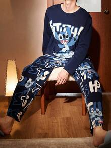 Gongdie 2 Pieces Disney Stitch Men Pajama Set,Fall Navy Soft Cotton Loungewear With Pocket - Navy Blue - View 3