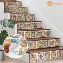 SUPSTICKER 1 Roll 4pcs Bohemian Geometric Floral Tile Stair Tread Stickers, PVC Self-Adhesive Waterproof Oil-Proof, 6/6.5/7/7.5/8x47.24 Inches, Suitable For Stairs, Kitchen Walls - 4PC - View 2