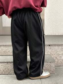 1件男童經典極簡百搭純色側條紋直筒休閒運動長褲 - 黑色 - 查看 5