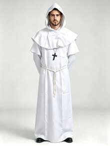 1 Set Men's Halloween Cosplay Medieval Cloak Monk Robe Wizard Priest Gown With Hood, Waist Rope & Necklace - White - View 3