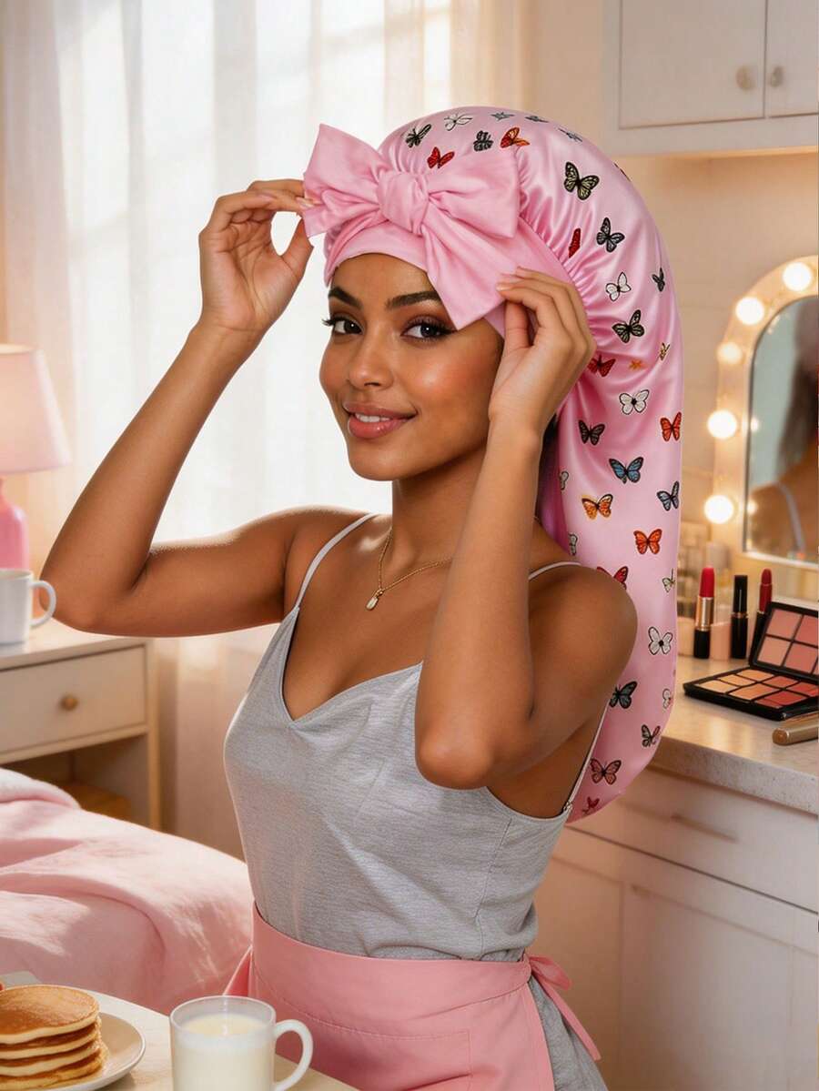 Butterfly Print Colorful Cute Women's Long Satin Faux Silk Bow Sleep Cap, Large Braided Curly Hair Sleeping Cap, Suitable For Sleeping, Daily Beauty Use, Back To School Essential
