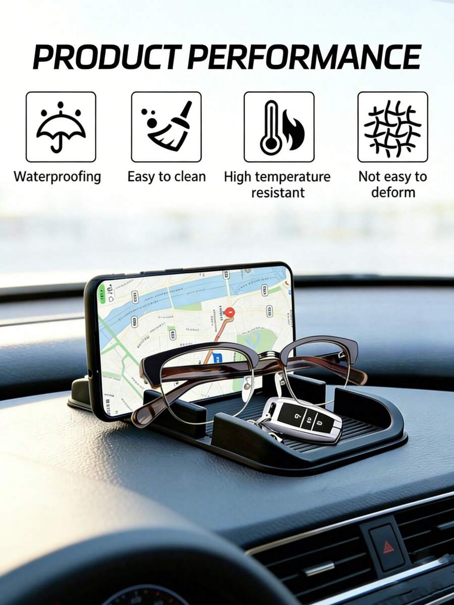Car Dashboard Anti‑Slip Mat, Dual‑Groove Multifunctional Phone Holder Pad With Parking Number Plate, Heat‑Resistant Waterproof Easy‑Clean Non‑Slip Dash Mat, Holds Cell Phone Fashion Glasses Keys, Universal Car Interior Accessory For All Smartphones