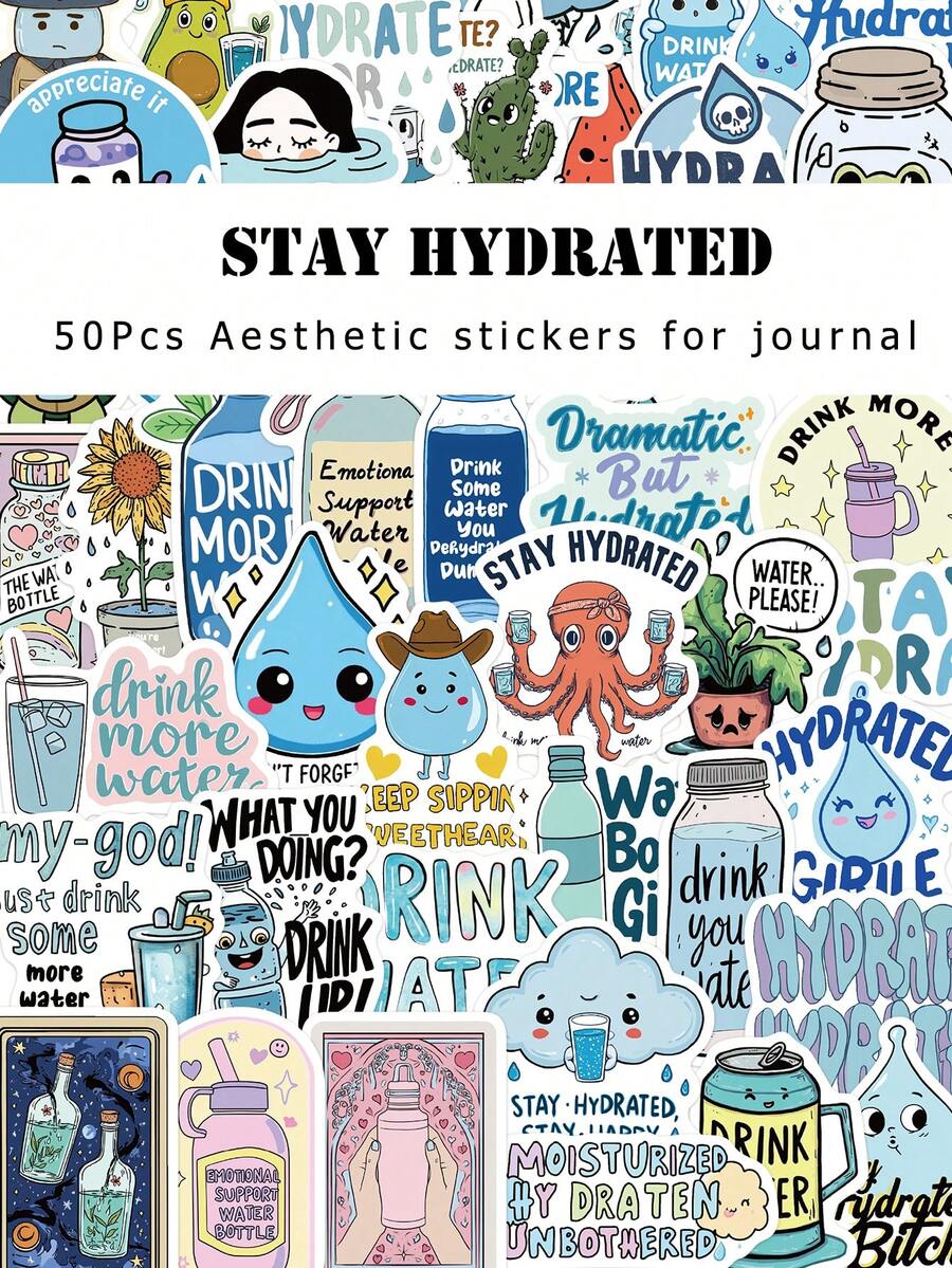 50P Stay Hydrated Stickers Simple Text Self-Adhesive Decals Water Bottle Laptop Decor - Multicolor - View 1
