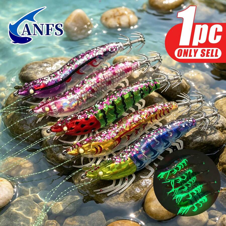 ANFS 1pc Squid Jig Fishing Lure Artificial Bait For Octopus Cuttlefish, Wood Shrimp Squid Hook, Saltwater Hard Bait