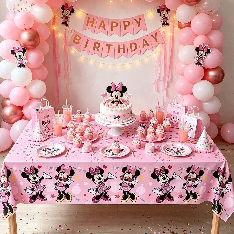 Pink Cartoon MN Birthday Party Disposable Tablecloth, Rectangular Waterproof Mini Tablecloth Cover For Indoor Outdoor Party Supplies Birthday Party Decorations - As Shown In the Figure - View 1