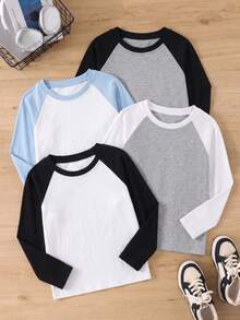 4pcs Kids Boys Colorblock Baseball Tees Skin-Friendly Raglan Shirts Comfortable Fall Winter Daily Wear - Multicolor - View 2