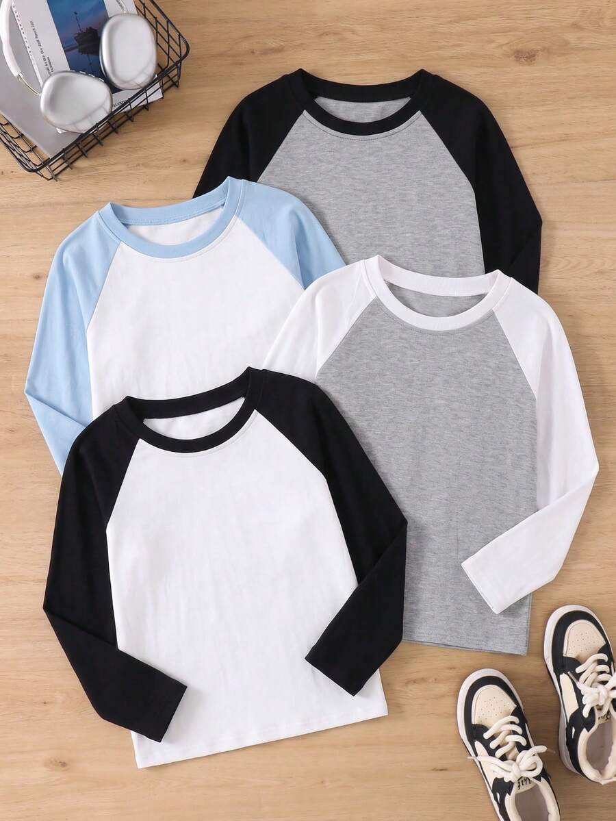 4pcs Kaos Baseball Anak Laki-laki Warna Blok, Kaos Raglan Ramah Kulit, Nyaman untuk Dipakai Sehari-hari di Musim Gugur dan Musim Dingin - MultiWarna - View 1