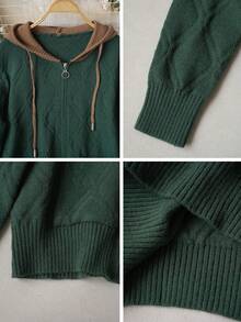 Women's Contrast Color Hooded Zip-Up Knit Cardigan, Autumn/Winter New Style, Dark Green Argyle Jacquard Fabric With Brown Hood Trim And Drawstring, Round Ring Zipper + Dual Side Patch Pockets, Ribbed Hem, Loose Casual Fit For Daily Outings And Commuting - Dark Green - View 10